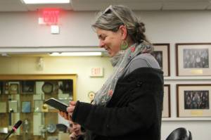 Leslie Jacoby, whose daughter Lydia is an Olympic gold medalist swimmer from Seward, testifies testifies in opposition to the proposed cut of Kenai Peninsula Borough School District pool managers during a board of education meeting on Monday, March 6, 2023 in Soldotna, Alaska. (Ashlyn OHara/Peninsula Clarion)