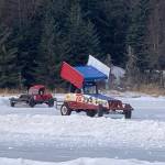 Cars participate in a recent Homer Ice Racing Association race on Beluga Lake on Sunday. (Photo by Christina Whiting/Homer News)