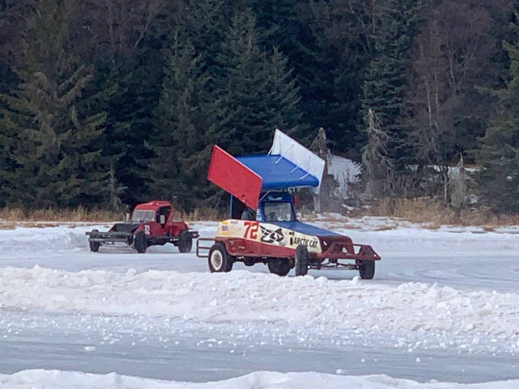 Cars participate in a recent Homer Ice Racing Association race on Beluga Lake on Sunday. (Photo by Christina Whiting/Homer News)
