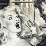This artwork, as well as the story that accompanied it in the October 1953 issue of Master Detective magazine, sensationalized and fictionalized an actual murder in Anchorage in 1919. The terrified woman in the image is supposed to represent Marie Lavor.