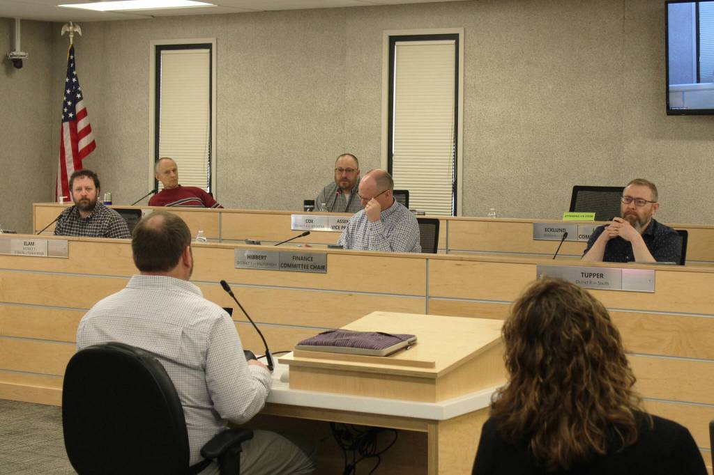 Ashlyn OHara/Peninsula Clarion
Foreground: Kenai Peninsula Borough School District Superintendent Clayton Holland, left, and KPBSD Finance Director Liz Hayes, right, speak about the districts fiscal year 2024 budget during a work session with the Kenai Peninsula Borough Assembly on Tuesday, in Soldotna.