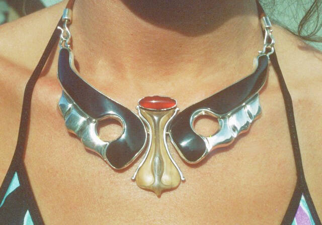 Photo provided by Art Koeninger
Kates Necklace, moose hoof, fossil walrus ivory, sterling silver, carnelian, by Art Koeninger 1984, Chitina, Alaska.