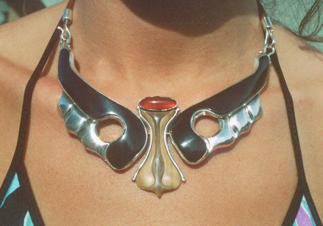 Kates Necklace, moose hoof, fossil walrus ivory, sterling silver, carnelian, by Art Koeninger 1984, Chitina, Alaska. (Photo provided by Art Koeninger)