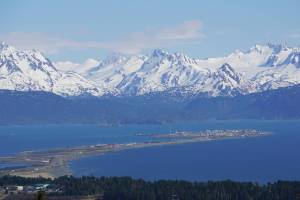 The Homer Spit and the Kenai Mountains are photographed of Monday, May 17, 2021, as seen from West Hill in Homer, Alaska. (Photo by Michael Armstrong/Homer News)