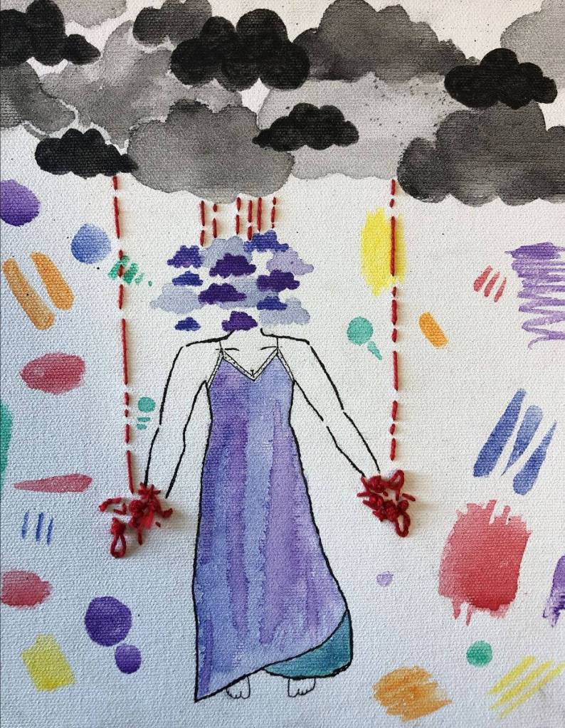 Lack Thereof, watercolor and embroidery by Anna Springer, is on display at Homer Council on the Arts through March as part of Bodily Autonomy exhibit co-sponsored by Kachemak Bay Family Planning Clinic. (Photo by Christina Whiting/Homer News)