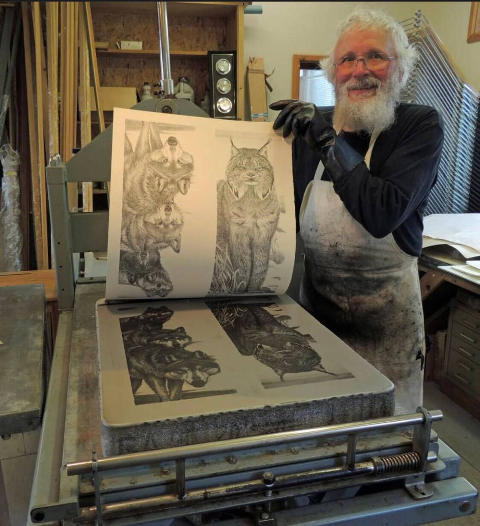 Gary Lyon creating lithographs in his home studio, 2022. (Photo provided by Gary Lyon)