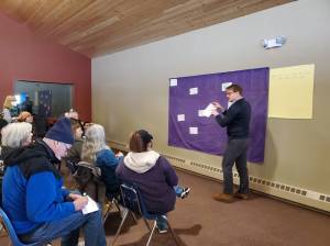 Photo by Delcenia Cosman / homer news 
South Peninsula Hospital Foundation Jeffrey Eide facilitates a small group workshop during the community conversation on housing solutions in the greater Homer area at Christian Community Church on Saturday.