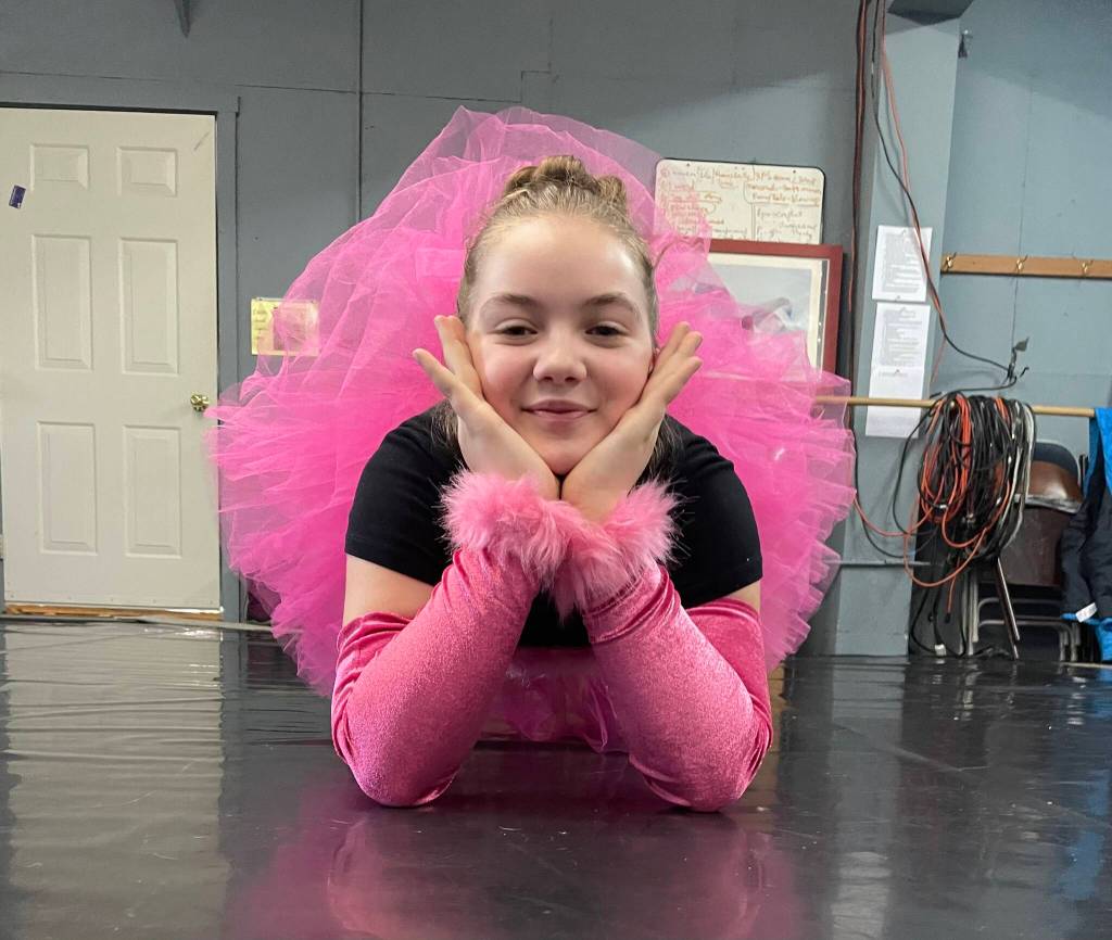 Piper Arno poses in rehearsal as an idiosyncratic flamingo in the Art Barn in Homer, Alaska. Photo provided by Breezy Berryman.