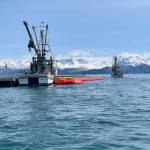 Homer fishing vessels participate in annual Alyeska oil spill response training on Kachemak Bay on Friday<ins>, April 7, 2023</ins>. (Photo by Emilie Springer/Homer News)