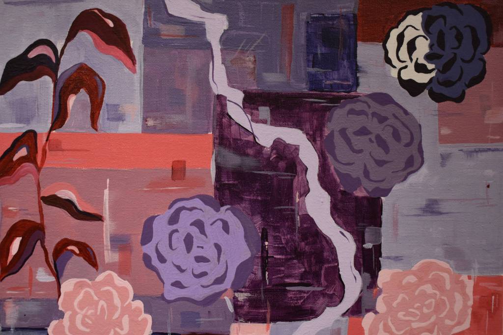 An abstract painting featuring themes of flora hangs at the Kenai Art Center in Kenai, Alaska on Wednesday, April 5, 2023, in preparation for the debut of the 32nd Annual Kenai Peninsula Borough School District Visual Feast. (Jake Dye/Peninsula Clarion)