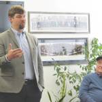 Sen. Jesse Bjorkman (left) addresses constituents during a town hall event on Saturday, April 15, 2023 in Kenai, Alaska. (Ashlyn OHara/Peninsula Clarion)