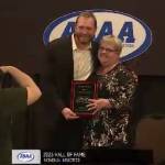 Joshua Gemmell and his mother Carletta Gemmell stand for a photo at the Alaska High School Hall of Fames Class of 2023 induction ceremony on Sunday, May 7, 2023, at The Lakefront Hotel in Anchorage, Alaska. (Screenshot)