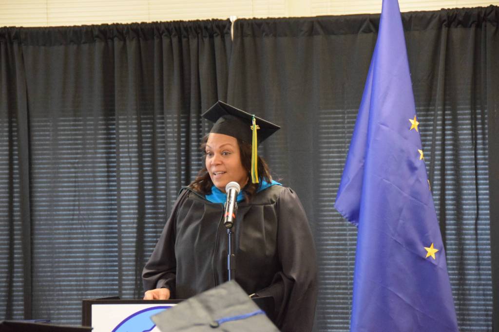 University of Alaska Anchorage Vice Chancellor Deanna Woodard speaks to graduates during the 2023 Kachemak Bay Campus commencement on Wednesday, May 10, 2023, in Homer, Alaska. (Photo by Delcenia Cosman/Homer News)