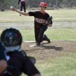Wasillas Ramon Guzman delivers to Soldotna on Saturday, May 13, 2023, at the Soldotna Little League fields in Soldotna, Alaska. (Photo by Jeff Helminiak/Peninsula Clarion)