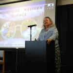 Kachemak Bay Writers Conference keynote speaker Robin Wall Kimmerer gives a presentation on Saturday, May 13, 2023 at Kachemak Bay Campus in Homer, Alaska. Photo by Delcenia Cosman