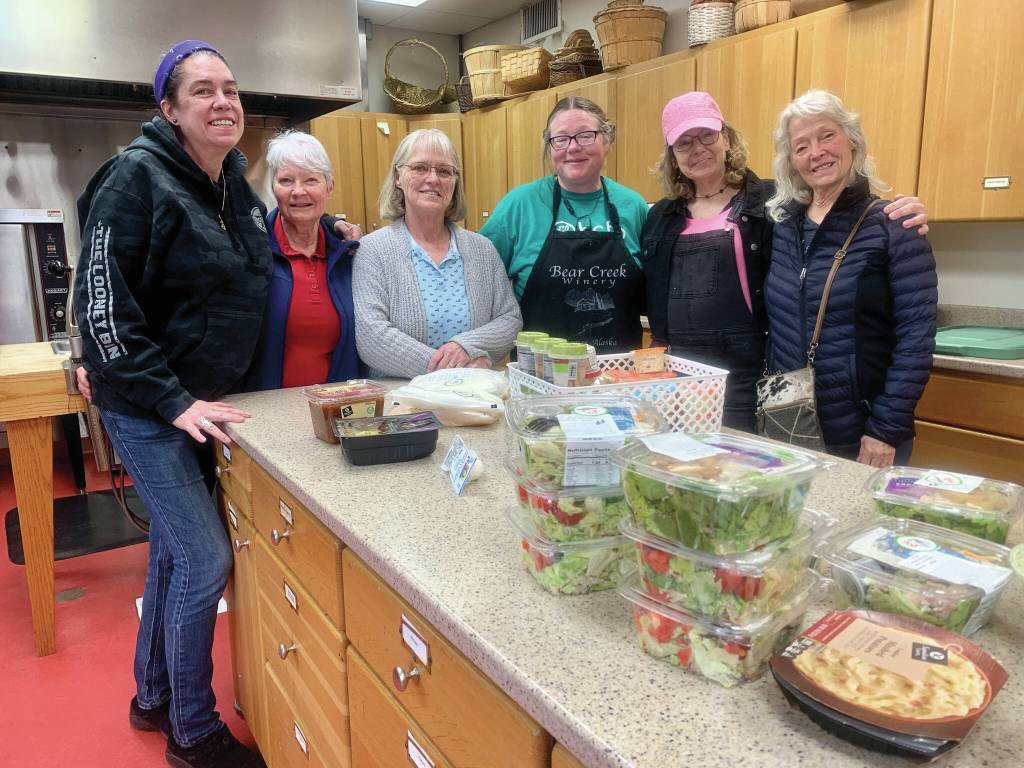 Community members volunteer gather to help maintain the Homer Community Fridge, left to right, Nicole Kohl, Vonda Nixon, Luanne Webber, Laura McBride, Tia Nix and Deb Schmidt. (Courtesy)