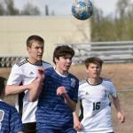 Kenai Centrals Bridger Beck and Sawyer Vann, and Soldotnas Andrew Arthur battle for the ball Saturday, May 20, 2023, in the championship game of the Peninsula Conference tournament at Justin Maile Field at Soldotna High School in Soldotna, Alaska. (Photo by Jeff Helminiak/Peninsula Clarion)