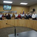 Homer City Council and representatives from the U.S. Coast Guard recognize Homer as a Coast Guard City at Homer City Hall on May 22, 2023. (Photo provided by Homer city manager)