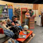 Writer and director Sally Oberstein shares notes with actors after the Saturday evening show at Pier One Theatre on the Homer Spit.  Photo by Emilie Springer/ Homer News