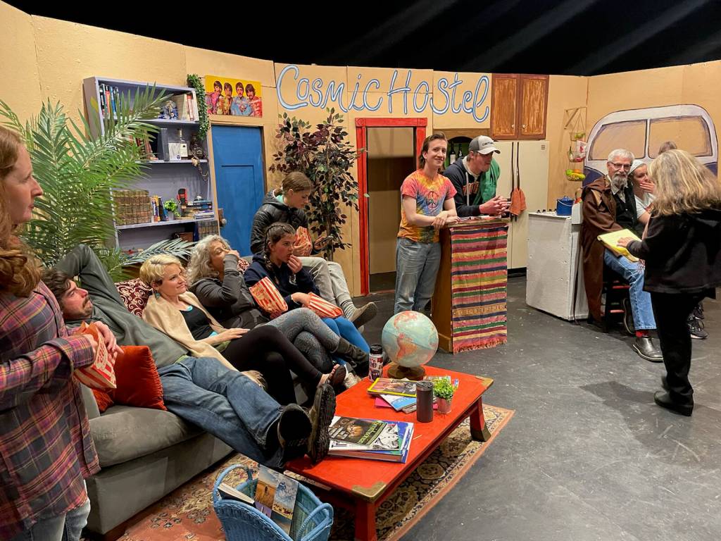 Writer and director Sally Oberstein shares notes with actors after the Saturday evening show at Pier One Theatre on the Homer Spit. Photo by Emilie Springer/Homer News
