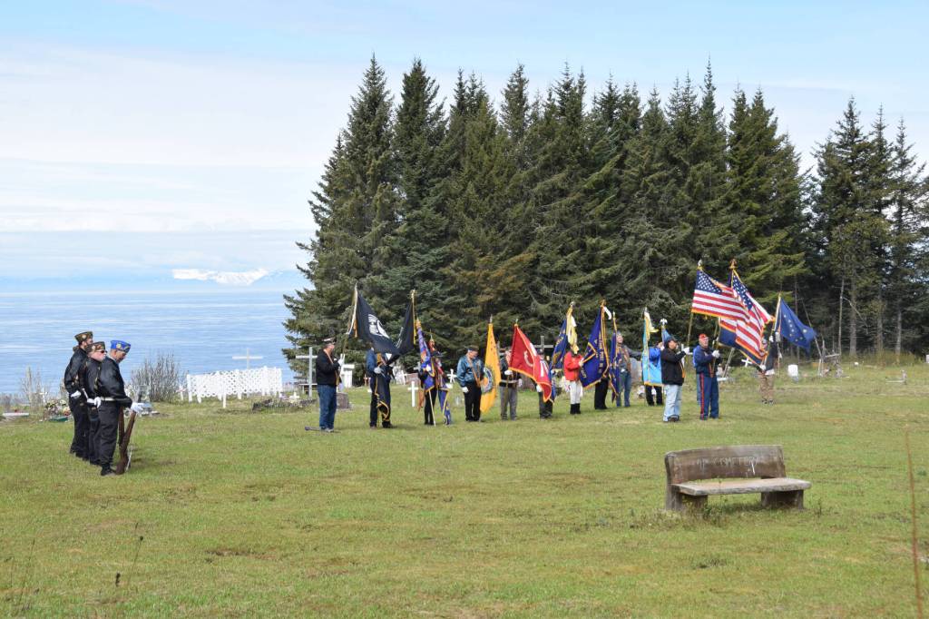 VFW Post 10221 post members and auxiliary members hold a Memorial Day service at the Anchor Point Kallman Cemetery on Monday, May 29, 2023 in Anchor Point, Alaska. (Delcenia Cosman/Homer News)