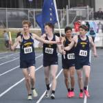 Photos by Jeff Helminiak/Peninsula Clarion
Homers Seamus McDonough, Lukyan Dax, Jonah Mershon and Lance Seneff celebrate winning the Division II 1,600-meter relay Saturday, May 27, 2023, at the state track and field meet at Palmer High School in Palmer, Alaska.