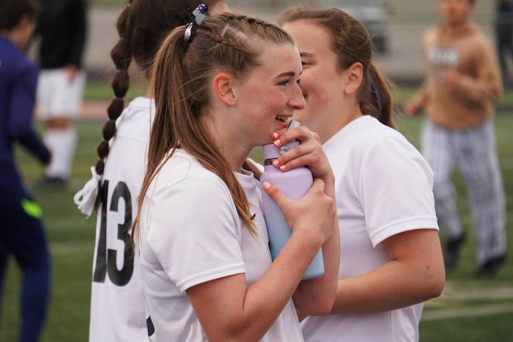 Soldotnas Kendra Rose celebrates with her team after winning the Division II Soccer State Championship on Saturday, May 27, 2023, at West Anchorage High School in Anchorage, Alaska. (Jake Dye/Peninsula Clarion)