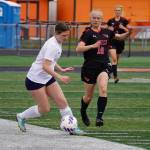 Photos by Jake Dye/Peninsula Clarion
Soldotnas Anika Jedlicka battles for the ball with Kenai Centrals Rylie Sparks during the Division II Soccer State Championship on Saturday, May 27, 2023, at West Anchorage High School in Anchorage, Alaska.