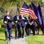 The American Legion Post 20 Color Guard holds a procession during a Memorial Day ceremony on Monday, May 29, 2023, at Leif Hanson Memorial Park in Kenai, Alaska. (Jake Dye/Peninsula Clarion)