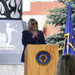 Elaina Spraker speaks on behalf of Sen. Dan Sullivan during a Memorial Day ceremony on Monday, May 29, 2023, at Leif Hanson Memorial Park in Kenai, Alaska. (Jake Dye/Peninsula Clarion)