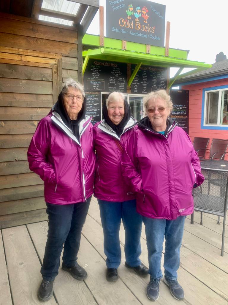 Former longtime community member Pat Melone (left), now living in Port Angeles, Washington, visited the Homer Spit on Friday, June 2, 2023 with friends Cheryl McCurdy and Chris Johnson from her new community. Photo by Christina Whiting