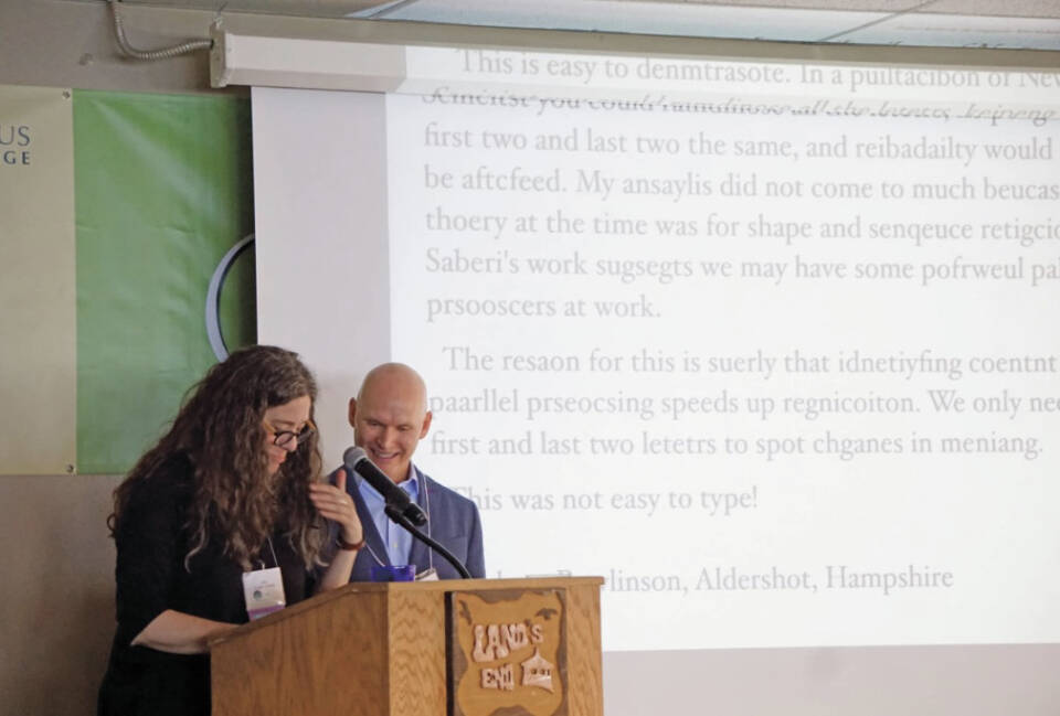 Homer poet and Kachemak Bay Writers Conference director Erin Coughlin Hollowell (left) and 2018 conference keynote Anthony Doerr (right) present during the conference in June 2018 at Lands End Resort in Homer, Alaska. Photo by Michael Armstrong