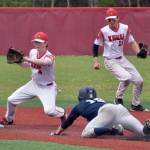 Kenai Centrals Everett Chamberlain gets ready to tag out Soldotnas Levi Mickelson as Braden Smith backs up in the Division II state championship game Saturday, June 4, 2023, at Wasilla High School in Wasilla, Alaska. (Photo by Jeff Helminiak/Peninsula Clarion)