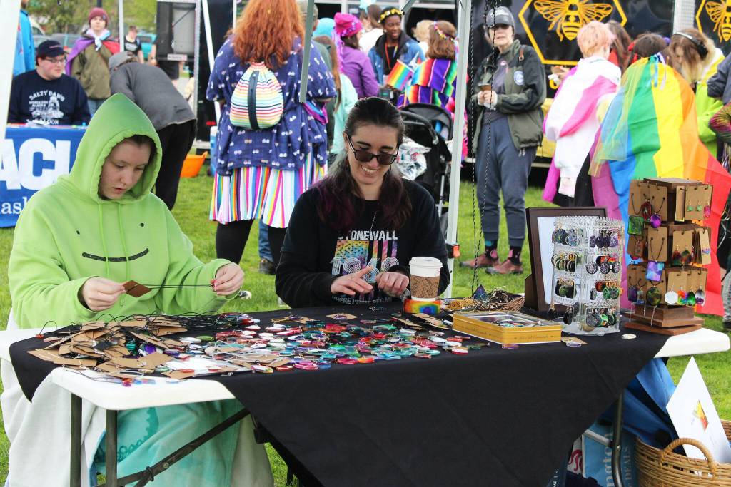 Artist Shannon Cefalu displays epoxy casts at a booth at Soldotna Pride in the Park on Saturday, June 3, 2023 in Soldotna, Alaska. (Ashlyn OHara/Peninsula Clarion)