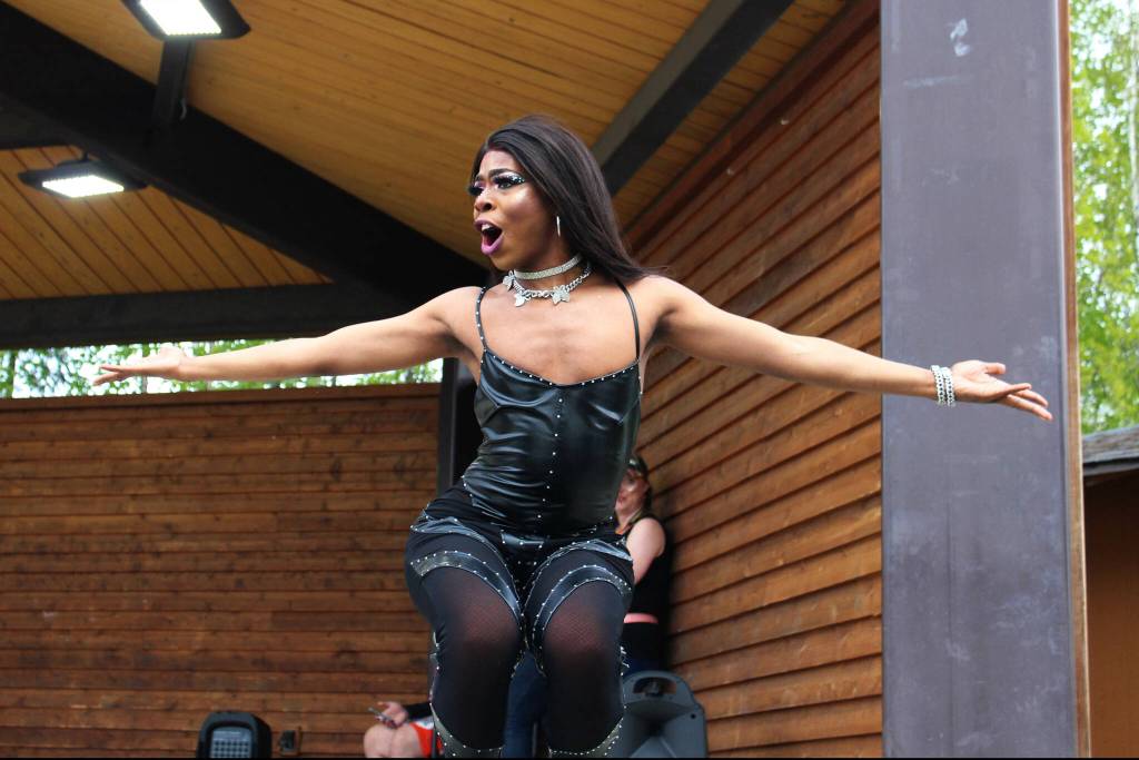 Drag queen Bequance performs at Soldotna Creek Park as part of Soldotna Pride in the Park on Saturday, June 3, 2023 in Soldotna, Alaska. (Ashlyn OHara/Peninsula Clarion)
