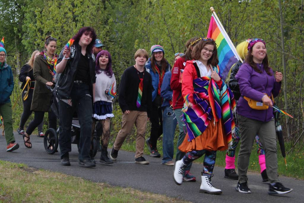 Marchers walk from the Soldotna Regional Sports Complex to Soldotna Creek Park as part of Soldotna Pride in the Park on Saturday, June 3, 2023 in Soldotna, Alaska. (Ashlyn OHara/Peninsula Clarion)
