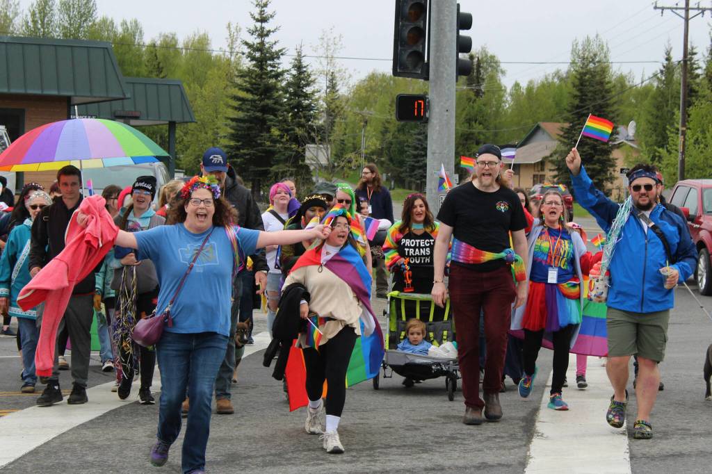 Marchers arrive at Soldotna Creek Park as part of Soldotna Pride in the Park on Saturday, June 3, 2023 in Soldotna, Alaska. (Ashlyn OHara/Peninsula Clarion)