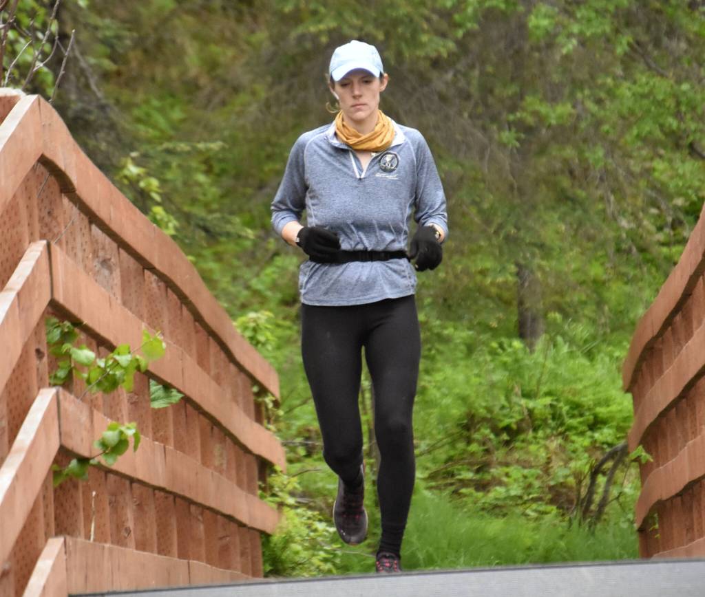 Kenais Emma Blake runs in the Tsalteshi Backyard Ultra on Friday, June 9, 2023, in Soldotna, Alaska. (Photo by Jeff Helminiak/Peninsula Clarion)