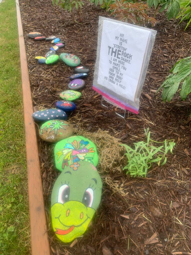 Stretch the painted rock snake, created by an anonymous community member, greets visitors to WKFL Park on Thursday, June 22, 2023 in the hopes of more rocks being added all summer long in Homer, Alaska. Photo by Christina Whiting