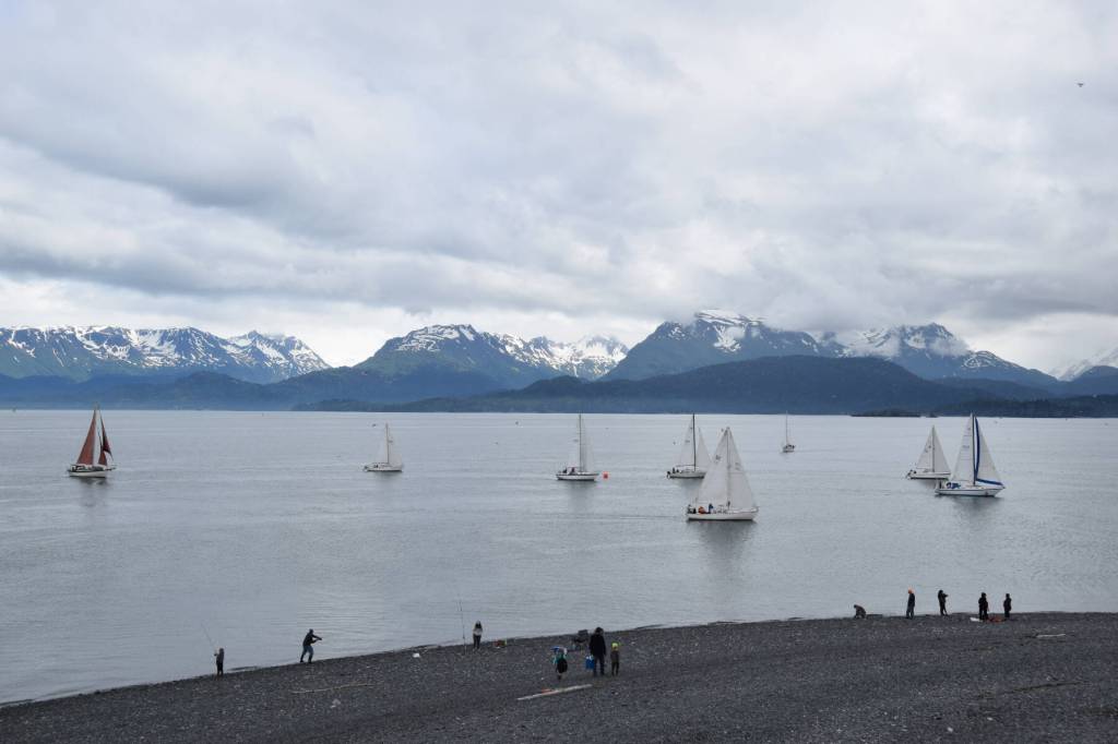 Members of the Homer Yacht Club start the course set for the Homer Yacht Club Regatta on Saturday, June 26, 2023 in the Kachemak Bay below Lands End Resort in Homer, Alaska. This is the 26th year the club has been conducting regattas in Homer. (Delcenia Cosman/Homer News)