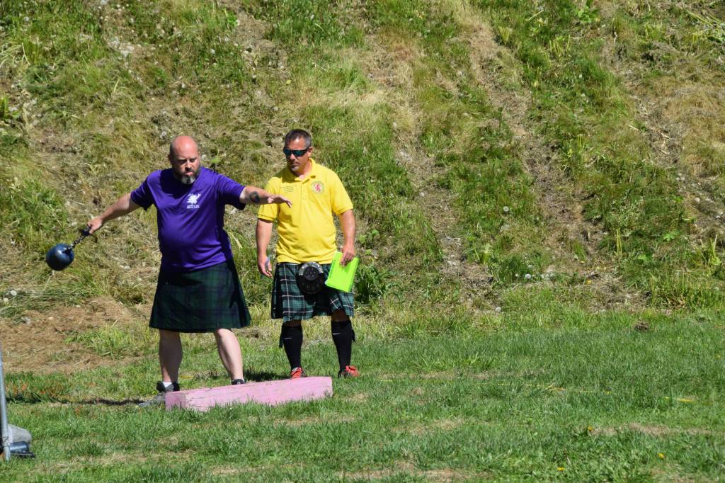 A Kachemak Bay Highland Games participant prepares to throw a weight for distance on Saturday, July 1, 2023 at Karen Hornaday Park in Homer, Alaska. (Delcenia Cosman/Homer News)