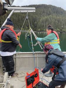 Photo provided by Misha Klassen
CCE participants Sarjus Moonin and Heather Kalmakoff participate in drop camera sampling in Jakolof Bay in June 2023.