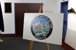 A sign displays the logo of the Kenaitze Indian Tribe at the Kenai Chamber of Commerce on Wednesday, July 7, 2021 in Kenai, Alaska. (Ashlyn OHara/Peninsula Clarion)
