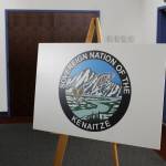A sign displays the logo of the Kenaitze Indian Tribe at the Kenai Chamber of Commerce on Wednesday, July 7, 2021 in Kenai, Alaska. (Ashlyn O'Hara/Peninsula Clarion)