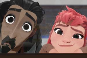 Photo courtesy Annapurna Pictures
Riz Ahmeds Ballister Boldheart and Chloë Grace Moretzs Nimona peer through the window of a subway car at a contingent of knights waiting to arrest them in Nimona.