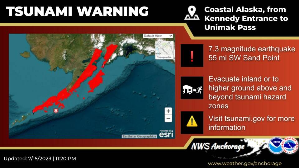 A graphic showing the affected area of a tsunami warning issued late Saturday night. The warning would be canceled around two hours after this graphic was published. (Photo courtesy National Weather Service)