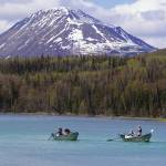 Contestants race down the Kenai River during the 16th Annual Cooper Landing Drift Boat Regata near the Eagle Landing Resort in Cooper Landing, Alaska on Saturday, May 20, 2023. (Jake Dye/Peninsula Clarion)