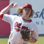 Mose Hayes of the Peninsula Oilers delivers to the Anchorage Glacier Pilots on Sunday, July 23, 2023, at Coral Seymour Memorial Park in Kenai, Alaska. (Photo by Jeff Helminiak/Peninsula Clarion)