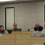 From left, Kenai Peninsula Borough Assembly members Bill Elam, Brent Johnson, Tyson Cox and Brent Hibbert attend an assembly meeting on Tuesday, Aug. 1, 2023, in Soldotna, Alaska. (Ashlyn OHara/Peninsula Clarion)