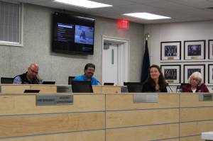 From left, Kenai Peninsula Borough School District Board of Education members Jason Tauriainen, Matt Morse, Virginia Morgan and Beverley Romanin participate in a board meeting on Monday, July 10, 2023 in Soldotna, Alaska. (Ashlyn OHara/Peninsula Clarion)